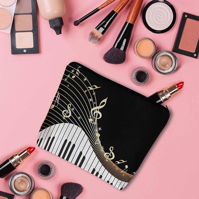 Kalygon Women Makeup Organizer Bag Piano Music Notes Instrument Piano Flax Cosmetic Bag Makeup Bags Toiletry Bag Accessories Organizer Travel Bags For Home Bathroom Office Hotel Gym Black Golden