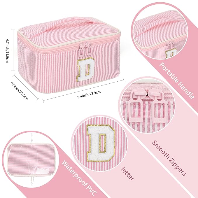 OCHEAL Makeup Bag for Women, Monogram Cosmetic Bag Pink Travel Makeup Case Beauty Toiletry Bag Organizer Personalized Gifts for Girls Bridesmaid, Sister, Wife, Friends Initial D