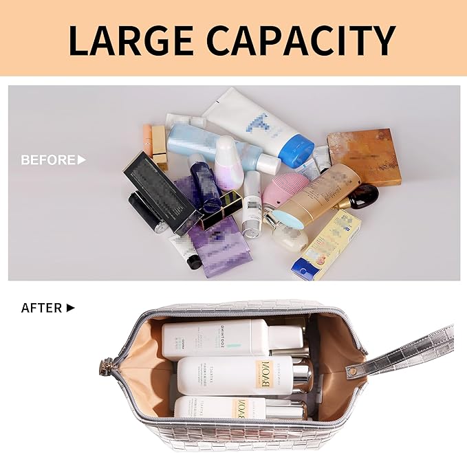 Abiudeng Large Makeup Bag for Women,Travel Makeup Organizer with Brush Holder, Dopp Kit,Waterproof Checkered Cosmetic Bag for Traveling,Multi-Compartment,Essentials,Cute,Spacious Capacity-silvery
