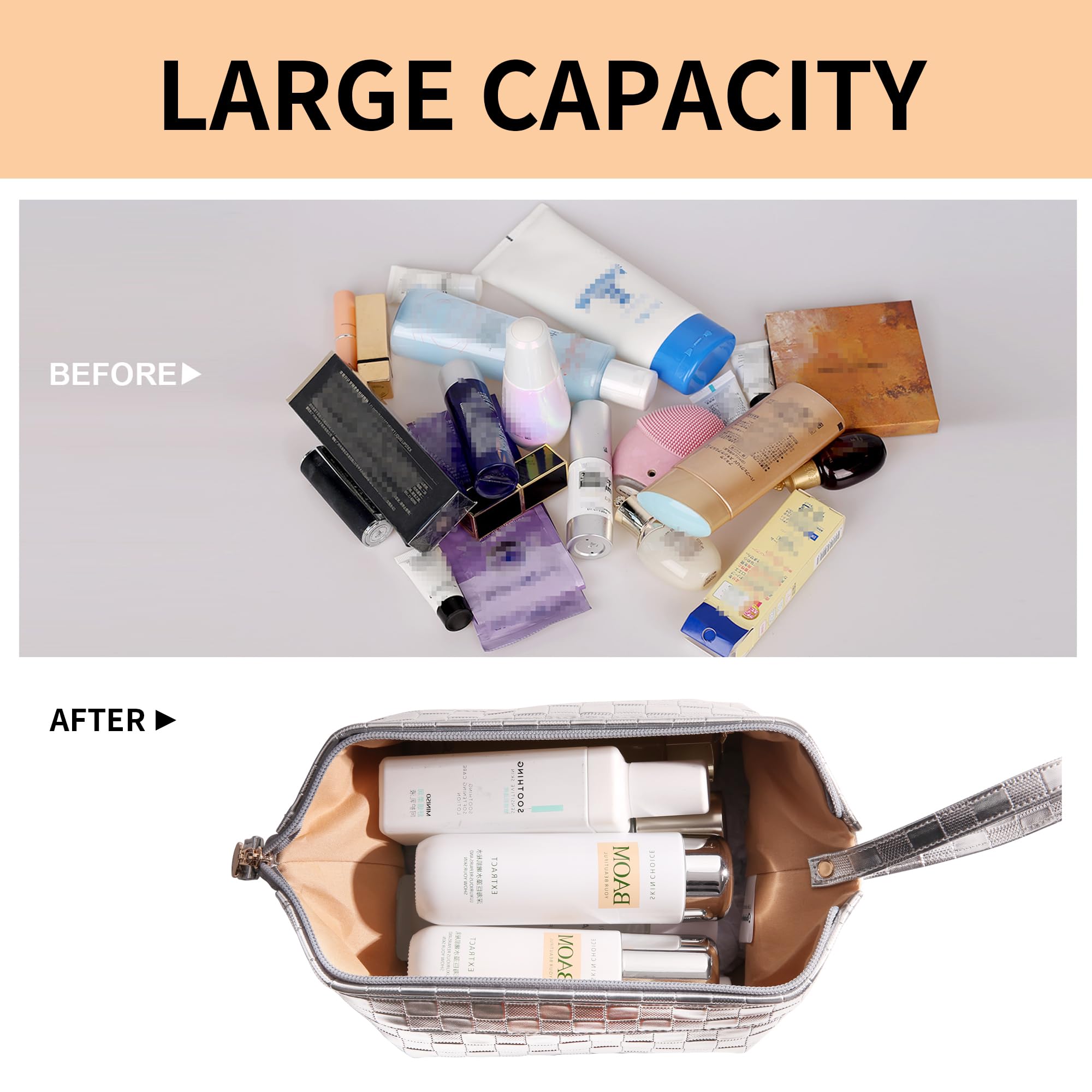 Abiudeng Large Makeup Bag for Women,Travel Makeup Organizer with Brush Holder, Dopp Kit,Waterproof Checkered Cosmetic Bag for Traveling,Multi-Compartment,Essentials,Cute,Spacious Capacity-silvery