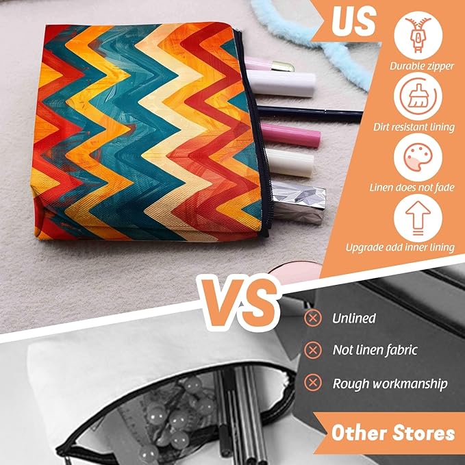 Scribesense Cosmetic Bags Travel Makeup Toilet Case Waterproof Pouch for Women Girls 6.7X9.45inches - Zigzag Pattern in Warm And Cool Tones