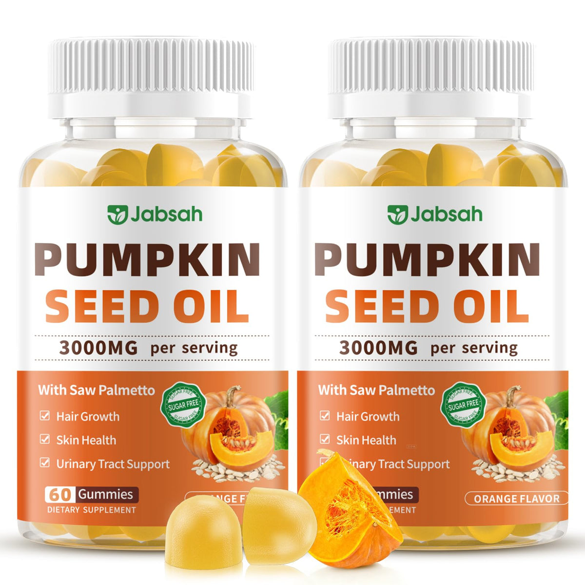 Jabsah Pumpkin Seed Oil with Saw Palmetto Gummies, Pumpkin Seed Oil Supplement for Hair Growth, Prostate Health, Bladder &Urinary Tract Support, High Pure Extract for Adults, Orange Flavor, 120 Count