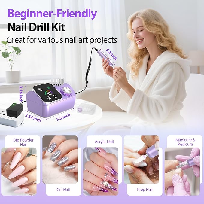 PYVOLA Professional Electric Nail Drill E-File Machine - 45,000 RPM Corded Nail Drills Kit with Low Noise & LED Display for Shaping, Removing & Polishing Acrylic Gel Nails for Salon Home
