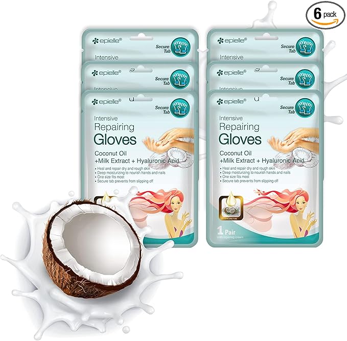 Epielle Intensive Repairing Hand Mask 6 Pairs, Soften with Coconut Oil & Milk Extract, Deep Moisturizing Gloves for Dry, Rough Skin, Self Care Gifts for Women, Spa Kit