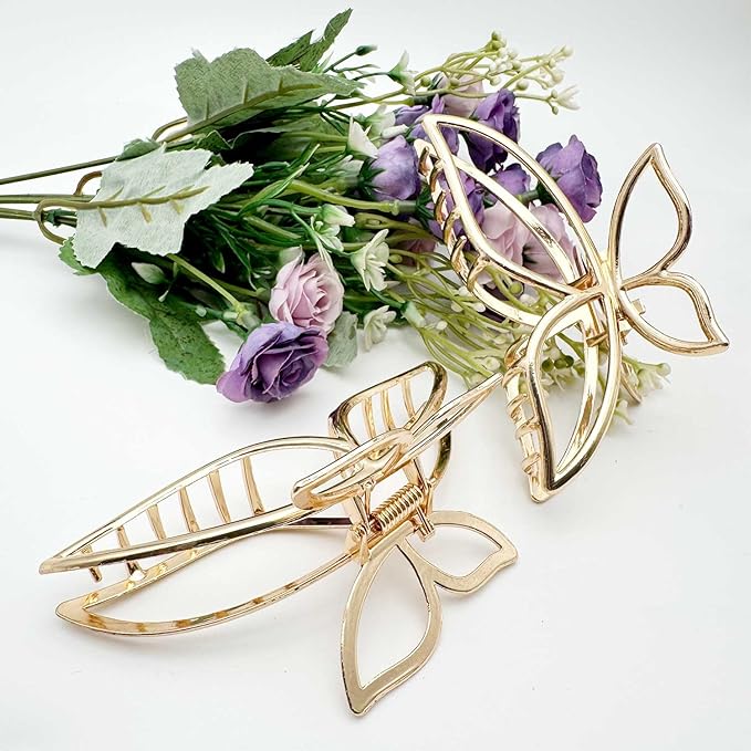 Solilayx 2-Pack Butterfly Claw Clips for Women, Metal Hair Clips for Thick Hair - Non-Slip Large Hair Claws for Updos, Bun, Ponytail