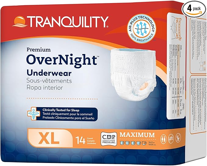 Tranquility Overnight Absorbent Underwear, XL, Maximum, 66 in, 56 ct
