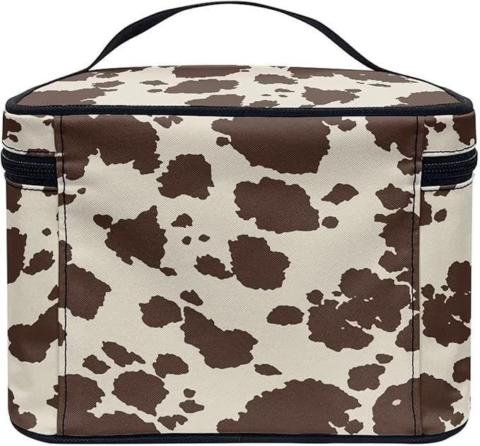 Drydeepin Cute Brown Cow Cowhide Design Travel Makeup Bags for Women and Portable Tote Cosmetic Case with Carry Handle Toiletry Accessories Storage Organizer Bags