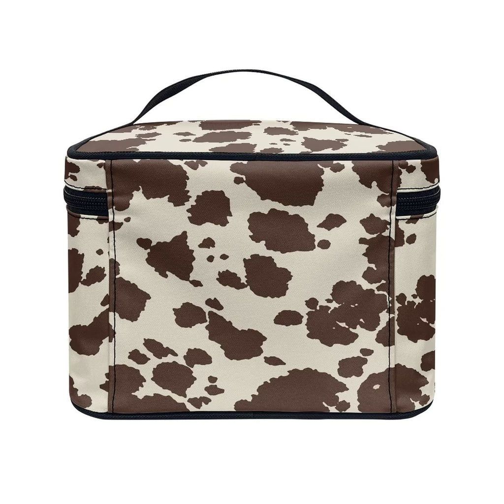 Drydeepin Cute Brown Cow Cowhide Design Travel Makeup Bags for Women and Portable Tote Cosmetic Case with Carry Handle Toiletry Accessories Storage Organizer Bags