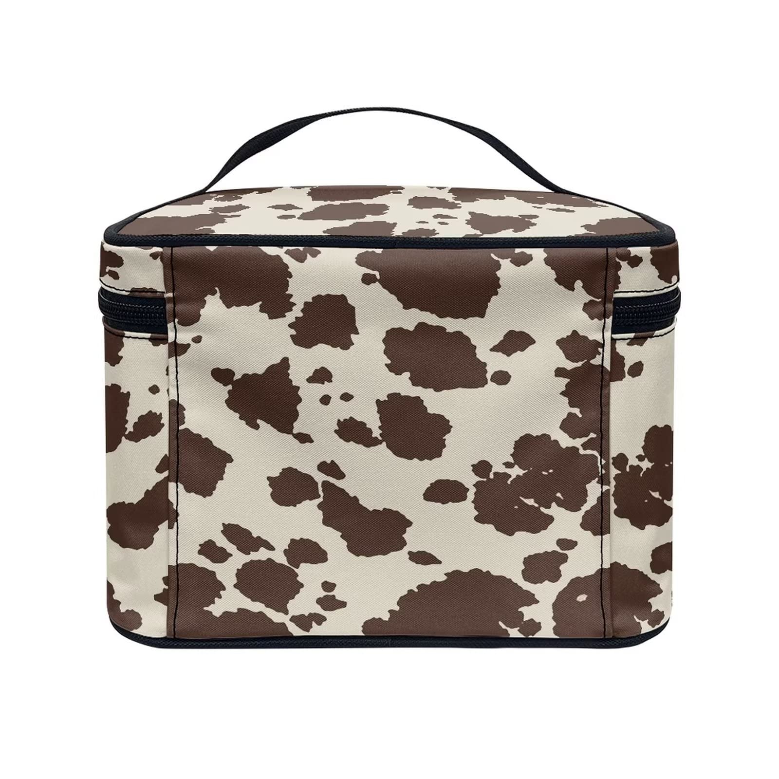Drydeepin Cute Brown Cow Cowhide Design Travel Makeup Bags for Women and Portable Tote Cosmetic Case with Carry Handle Toiletry Accessories Storage Organizer Bags