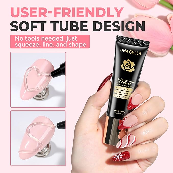 UNA GELLA 3D Gel Nail Art, 3D Nail Gel Sculpting G el Glue 15g 4 in 1 No Wipe Clear Nail Polish for Nails Tips, Chrome Powder, Nail Charms Gems, Drawing and DIY Nail Art Lamp Curing Needed