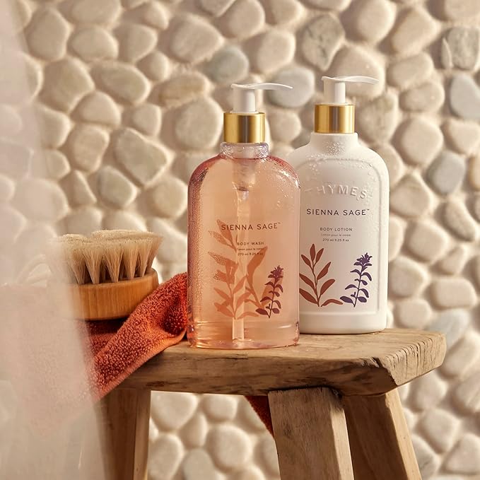 Thymes Moisturizing Body Wash with Pump - Body Soap - Bath Products - Skin Care - Liquid Soap with Notes of Warm Palo Santo Wood, Soft Amber, & Clary Sage (Sienna Sage, 9.25 fl oz)