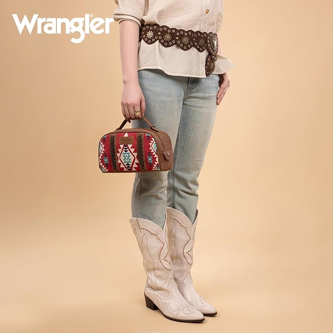 Montana West Wrangler Makeup Bag Travel Cosmetic Bag Small Western Make Up Pouch Portable Toiletry Bag for Women Organizer for Toiletries Accessories, Travel Essentials,Aztec,WG-MB-2203-190-RD