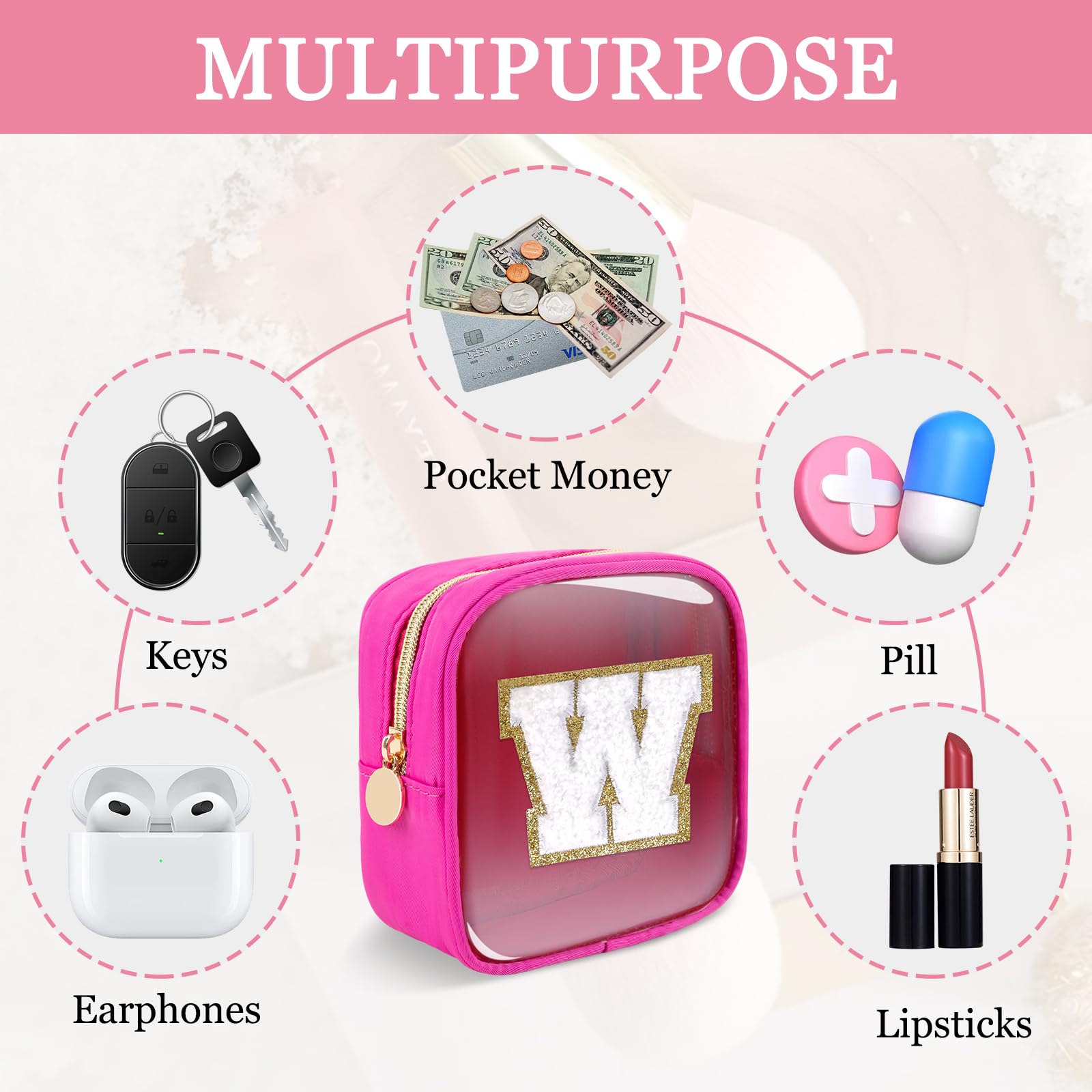 Mini Clear Personalized Initial Makeup Bag, Small Preppy A-Z Chenille Letter Patch Cosmetic Pouch, Transparent PVC & Nylon Waterproof Zip Beach Toiletry Bag,Gift for Women Girls(Hot Pink-White W)