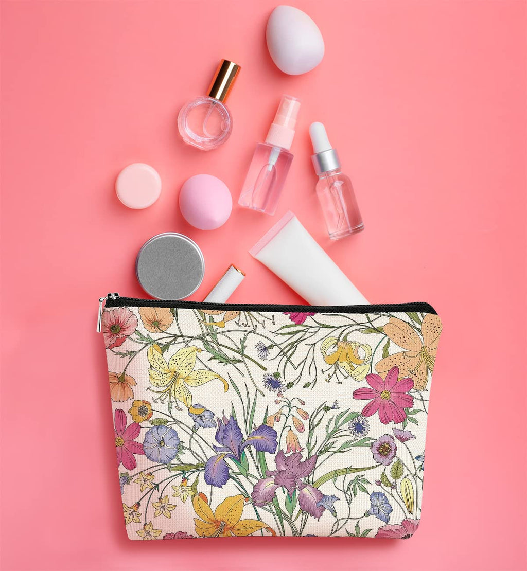 Vintage Cottagecore Watercolor Summer Wildflowers Makeup Bag,Colorful Floral Cosmetic Bag Best Gift Idea for Flower Lover Girls Women Mom,Zipper Travel Toiletry Bag Birthday Mother's Day Gifts for Mom