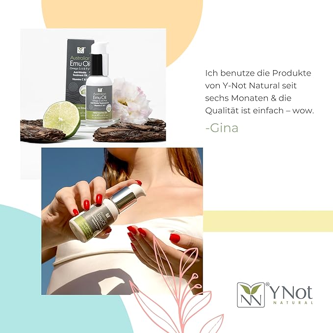 Y Not Natural Australian Emu Oil with Vitamin E & C - 50mL Skin Brightener Serum for Face & Body to Reduce Visible Signs of Aging, Spots & Sun Damage - Antioxidant w/Omega 3 6 9 & Essential Oils