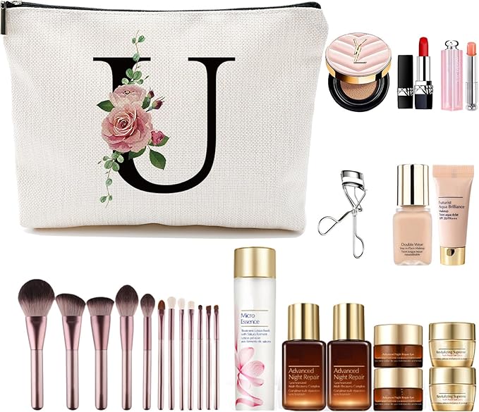 Comanro Initial A-Z Personalized Letter Makeup Bag, Monogrammed Bridesmaid Gifts Presents Cosmetic Bag, Portable Stationery Storage Organizer Pouch, Friendship Love Travel Makeup Bags