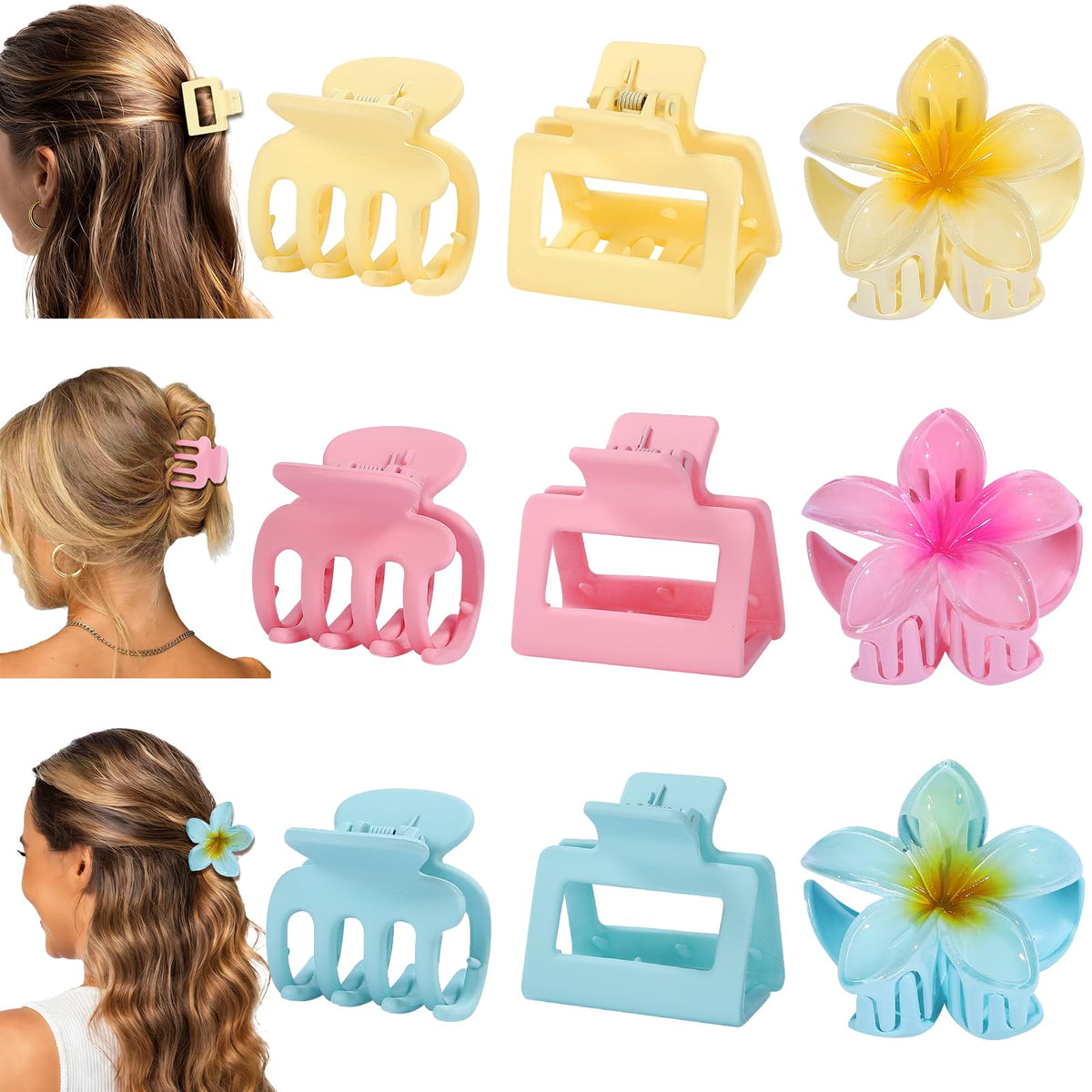USDNICE Flower Hair Claw Clips for Women, 9 Pack, 3 Styles, Pink