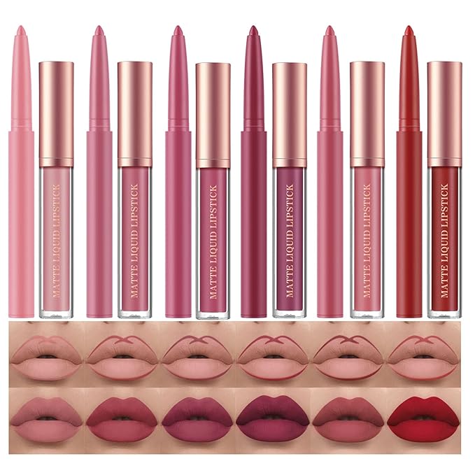 12Pcs Matte Liquid Lipstick + Lip Liner Pens Set, One Step Lips Makeup Sets Pigment Velvety Nude Lip Stain Waterproof Long Wear Lip Gloss Make up Gift Set (Set B)