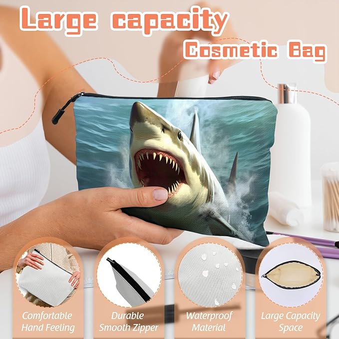 Scribesense Cosmetic Bags Travel Makeup Toilet Case Waterproof Pouch for Women Girls 6.7X9.45inches - Close - Up of A Great White Shark With Open Mouth