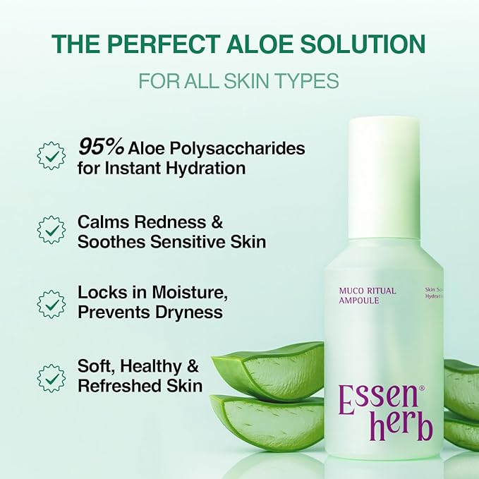 Essenherb Muco Ritual Ampoule – 95% Pure Aloe Vera Gel | Cooling, Soothing & Deep Hydration Serum for Sensitive Skin | Calm Visible Redness | Korean Skincare (4.06 fl oz / 120ml)