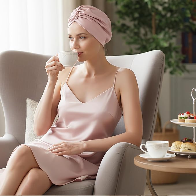 SYSERAN 100% Mulberry Silk Bonnet for Sleeping - Women Natural Curly Hair Night Cap Luxury Sleep Head Wrap with Elastic Band(Lotus Pink)