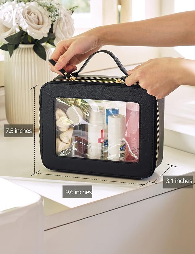 Popvibe Large Capacity Clear Toiletry Bag for Women Travel Makeup Bag Black