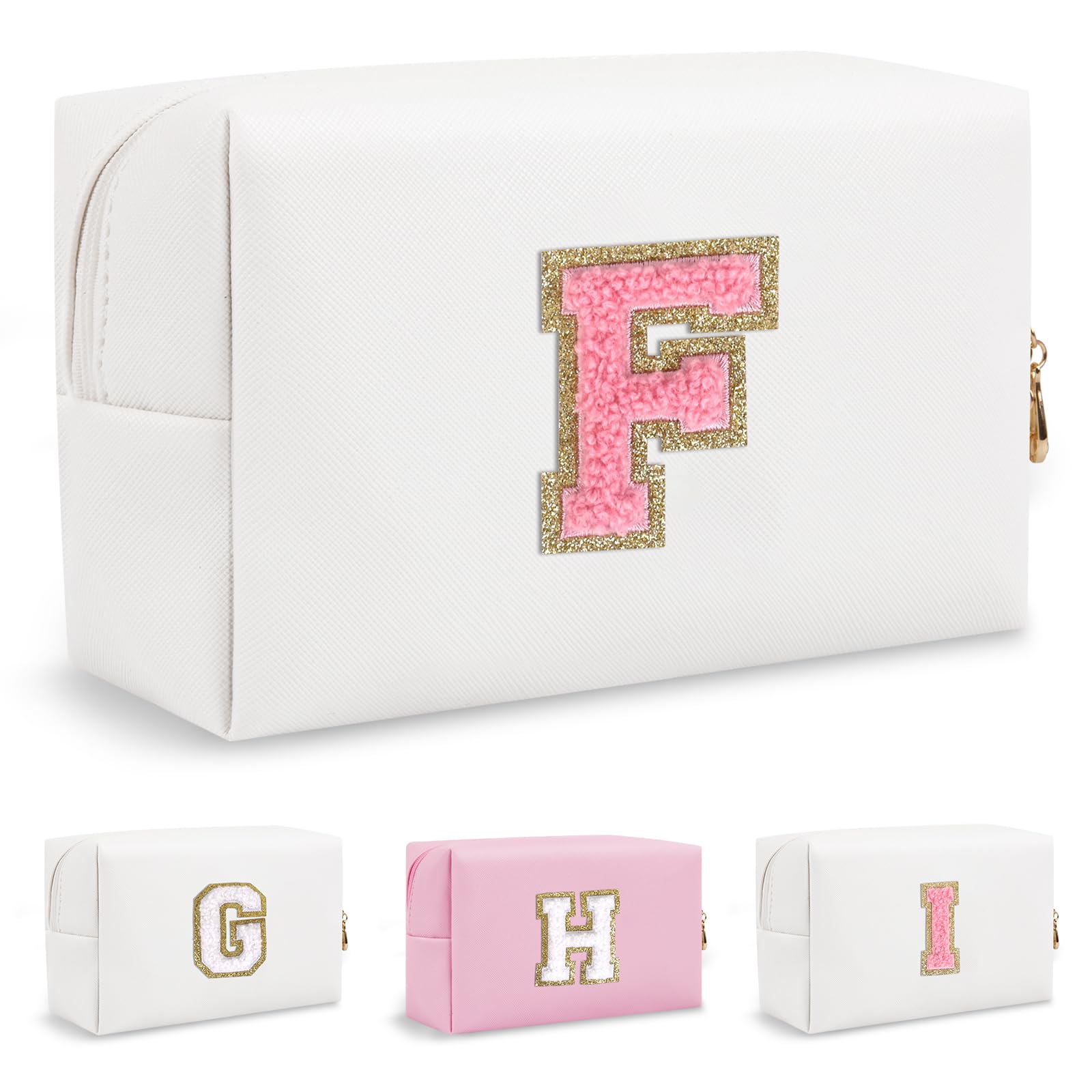 Small Initial Preppy Makeup Bag, Personalized Travel Cosmetic Organizer Chenille Letter White Toiletry Zipper Pouch, Portable Waterproof Makeup Case Gifts for Friends Female Friendship(Letter F)