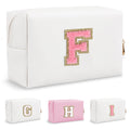 Small Initial Preppy Makeup Bag, Personalized Travel Cosmetic Organizer Chenille Letter White Toiletry Zipper Pouch, Portable Waterproof Makeup Case Gifts for Friends Female Friendship(Letter F)