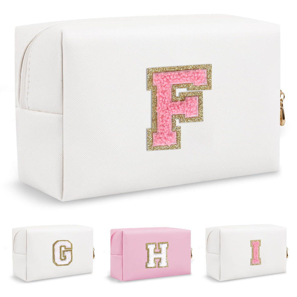 Small Initial Preppy Makeup Bag, Personalized Travel Cosmetic Organizer Chenille Letter White Toiletry Zipper Pouch, Portable Waterproof Makeup Case Gifts for Friends Female Friendship(Letter F)