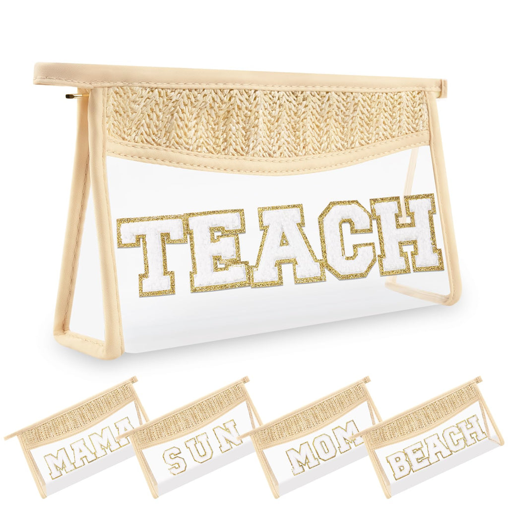 Teacher Appreciation Gifts Boho Straw Clear Makeup Bags, Zipper Cosmetic Bag Chenille Letter Patch Bag, Preppy Cute Beach Toiletry Pouch, Trendy Graduation Retirement Birthday Teacher Gifts for Women