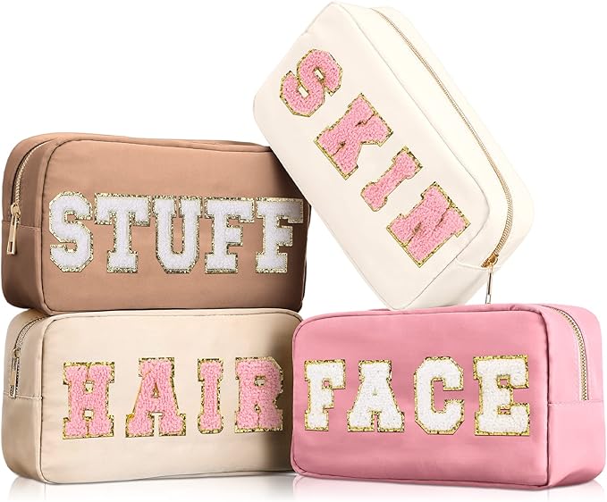 Cunno Preppy Makeup Bags Chenille Letter Stuff Bag Nylon Cosmetic Pouch Cases with Zipper for Women Travel Toiletry(Multi Colors,Classic,4 Pcs)