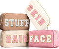 Cunno Preppy Makeup Bags Chenille Letter Stuff Bag Nylon Cosmetic Pouch Cases with Zipper for Women Travel Toiletry(Multi Colors,Classic,4 Pcs)