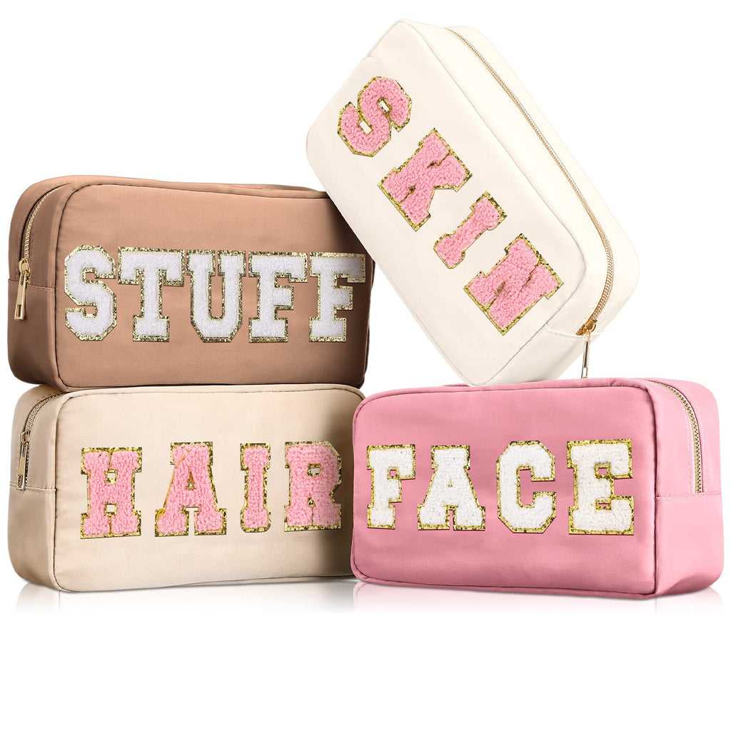 Cunno Preppy Makeup Bags Chenille Letter Stuff Bag Nylon Cosmetic Pouch Cases with Zipper for Women Travel Toiletry(Multi Colors,Classic,4 Pcs)