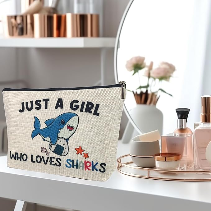 Suemetic Shark Gifts for Women Makeup Bag, Cute Shark Themed Gifts for Shark Lovers Girls Kids Accessories, Just A Girl Who Loves Sharks Cosmetic Stuff Pouch, Birthday Christmas Decorations