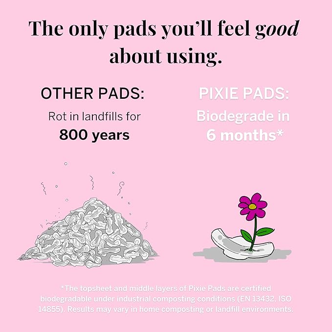Pixie Organic Pads Ultra-Thin Extra Long Overnight Cotton Pads for Women – Maximum Absorbency with Wings – Leak-Proof, Hypoallergenic, Unscented, Postpartum – Compostable, Biodegradable – 24 Count