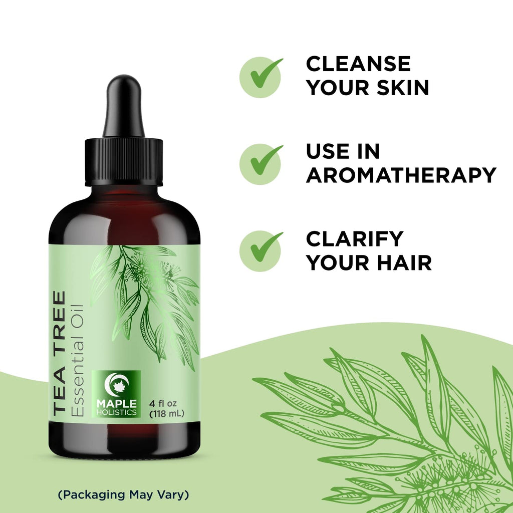 Pure Tea Tree Oil for Hair Skin and Nails - 100% Pure Undiluted Tea Tree Essential Oil with Dropper for Topical Uses Aromatherapy Diffusing and Home and Beauty DIYs - Vegan and Cruelty Free (4 Fl Oz)