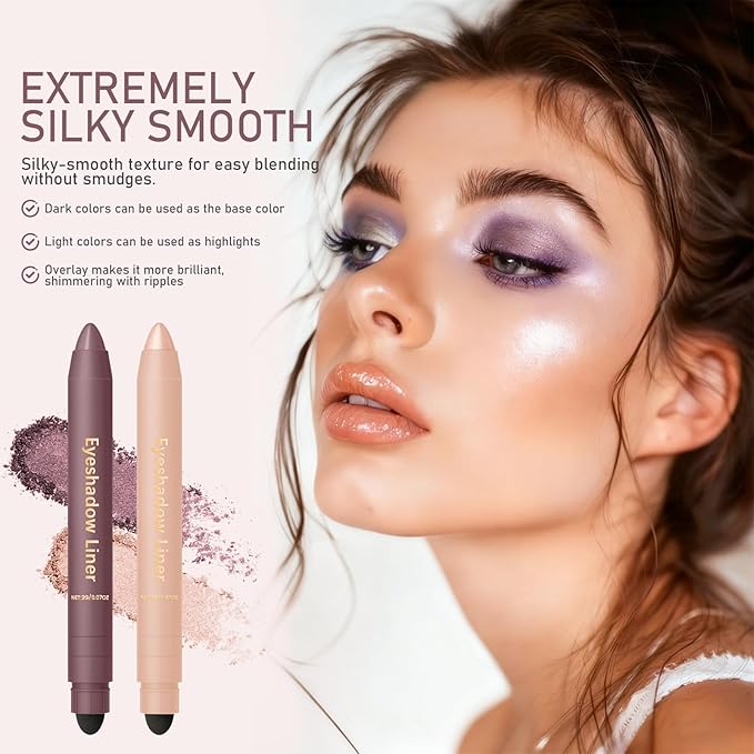 Hgkvnul 2 in 1 Eyeliner and Eyeshadow Plum, Eyeshadow Stick and Liner Duo, Waterproof, Smudge-Proof, Effortless Smoky or Natural Eye Makeup (2Pcs B)