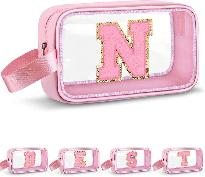 Vodolo Initial Makeup Bag,Letter N Cute Clear Monogrammed Cosmetic Travel Bag for Womens Girls,Personalized Pink Aesthetic Traveling Make Up Organizer Bag for Beach,Waterproof Toiletry Bag
