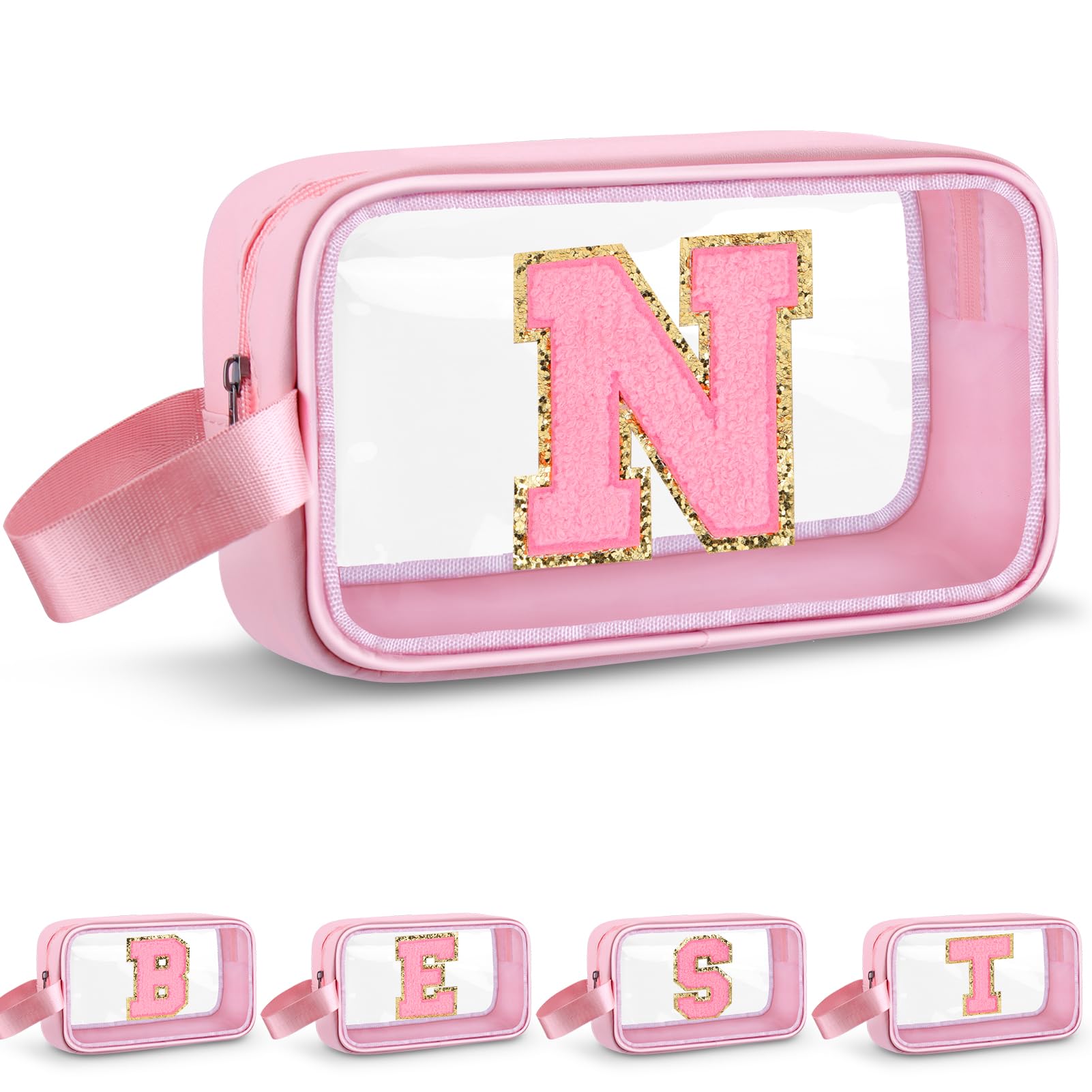Vodolo Initial Makeup Bag,Letter N Cute Clear Monogrammed Cosmetic Travel Bag for Womens Girls,Personalized Pink Aesthetic Traveling Make Up Organizer Bag for Beach,Waterproof Toiletry Bag