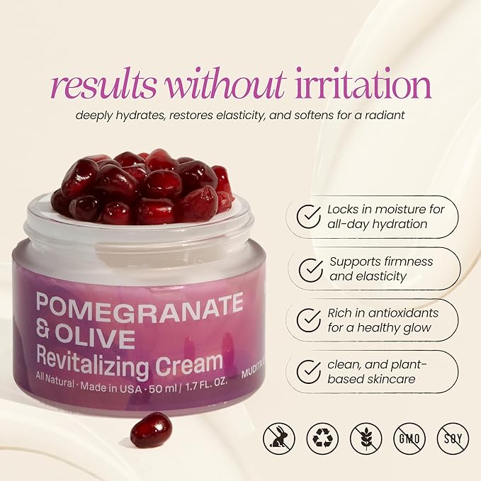 Pomegranate & Olive Revitalizing Face Cream for Wrinkles, Dark Spots & Hyperpigmentation | Lightweight Enzyme Moisturizer for Dry & Sensitive Skin | Vegan | 1.7oz | Mudita Earth