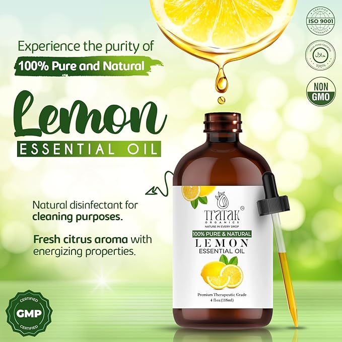 TRATAK ORGANICS Lemon Essential Oil with Glass Dropper - Huge 4 Fl Oz - 100% Pure and Natural Lemon Oil - Premium Grade Essential Oils for Diffuser, Aromatherapy, Soap and Candle Making