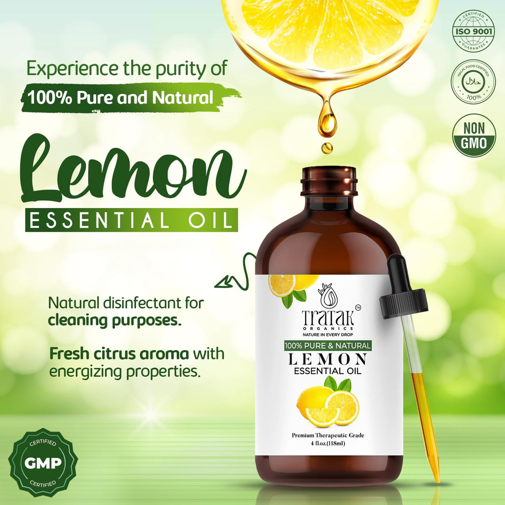 TRATAK ORGANICS Lemon Essential Oil with Glass Dropper - Huge 4 Fl Oz - 100% Pure and Natural Lemon Oil - Premium Grade Essential Oils for Diffuser, Aromatherapy, Soap and Candle Making