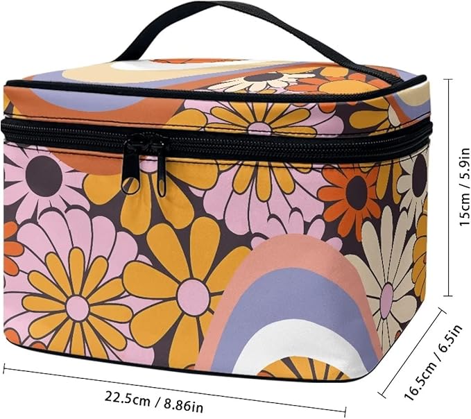 Drydeepin Hippie Daisy 70s 80s Wavy Swirl Design Makeup Bags for Women Large Capacity Toiletry Organizer Bags Portable Tote Cosmetic Pouch with Carry Handle and Brushes Slots Travel Sccessories