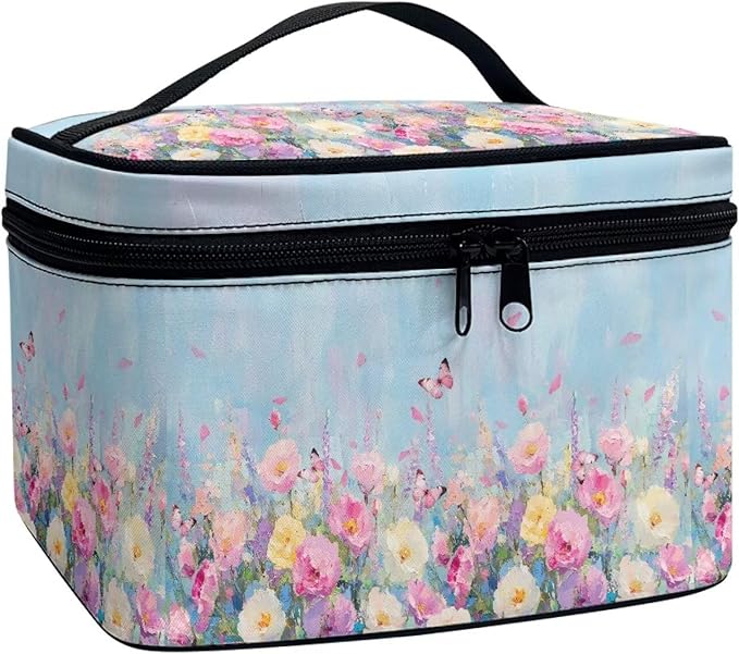 Drydeepin Butterfly Vibrant Rose Floral Print Travel Makeup Bags for Women Portable Tote Cosmetic Case with Carry Handle Toiletry Accessories Storage Organizer Bags