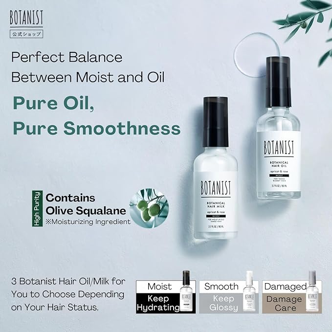 Botanist Natural Hair Oil Spray for Dry Hair, Hydrating Hair Oil Mist for Women & Men with Jojoba Oil& Organic Extracts, Scalp Oil Treatment for Dry Itchy Scalp from Japan MOIST 2.7Fl Oz APRICOT& ROSE