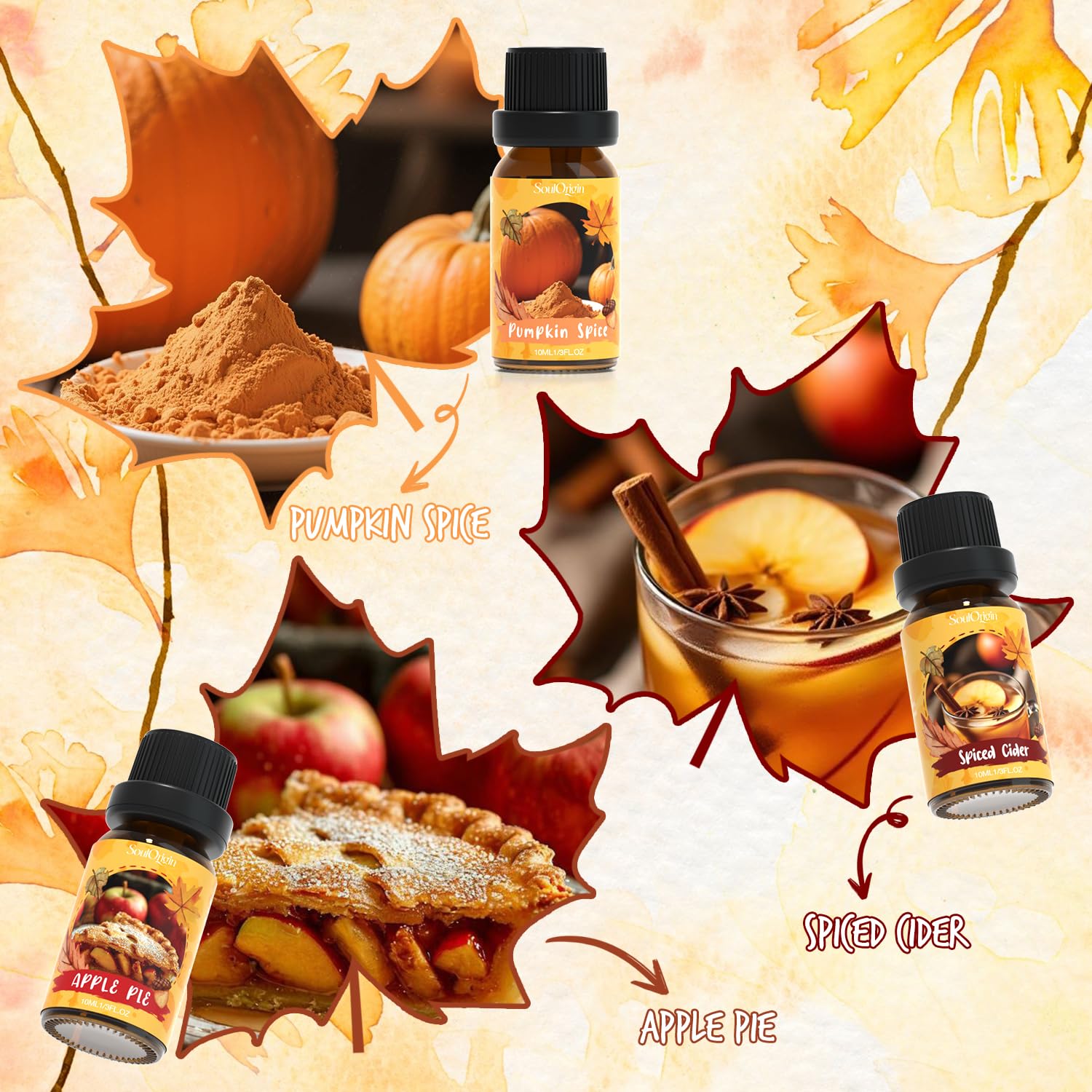 Soulorigin Autumn Fragrance Oils Set, Essential Oil for Diffuser, Fall Scent Diffuser Oil, Use for Soap Candle Making,Pumpkin Spice, Spiced Cider, Maple Syrup, Autumn Harvest, Cinnamon, and Apple Pie