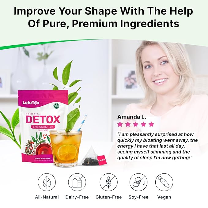 LULUTOX Detox Tea - Herbal Blend with Dandelion, Ginseng, and Ginger - Supports A Healthy Weight, Digestive Health - Vegan, All Natural, Laxative-Free - Peach Flavor (28 Servings)