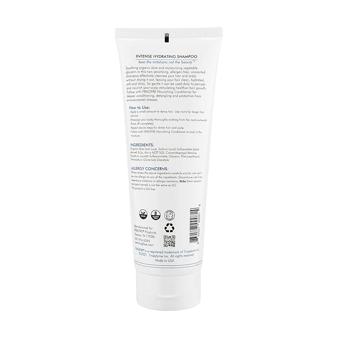 FRAGFRE Intense Hydrating Shampoo 8 oz - Fragrance Free Hypoallergenic Sulfate Free Moisturizing Shampoo - Safe on Colors and Sensitive Scalps - Strenghtens Dry Hairs - Vegan Gluten Free Cruelty Free