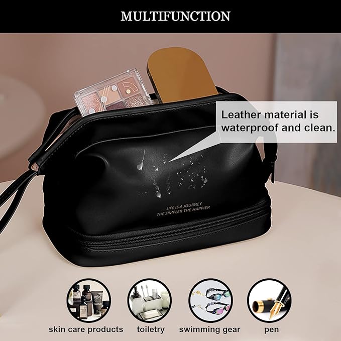 Abiudeng Large Makeup Bag for Women,Travel Makeup Organizer with Brush Holder, Dopp Kit Essentials,Waterproof PU Cosmetic Bag for Traveling,Multi Compartment, Cute,Spacious Capacity-Black