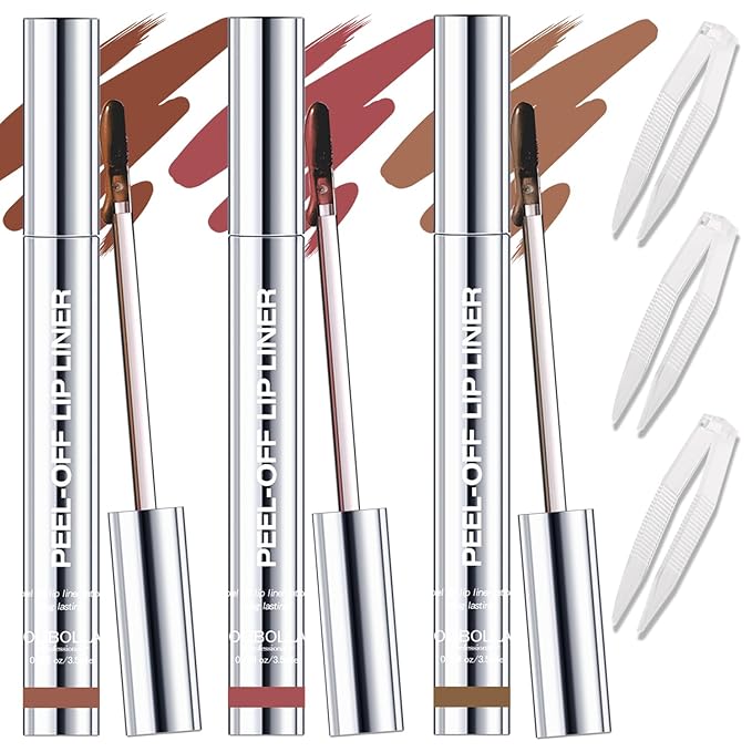 GLSFACE 3 Colors Peel Off Lip Liner with Tweezer Kit, Rich Color Matte Finish Lip Tint Stains Makeup Set for Women, Long Lasting, Waterproof, Smudge Proof, For All Skin Types (#2, #3, #4)